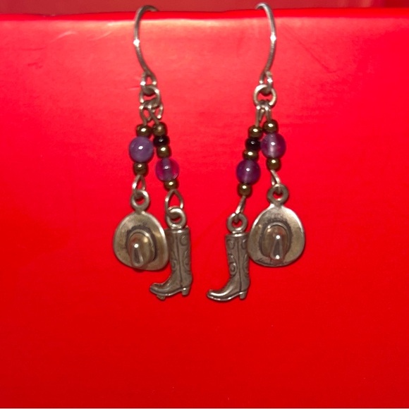 Western Charm Silver and Purple Beaded Dangle Earrings, #western #cowgirl - Picture 3 of 5